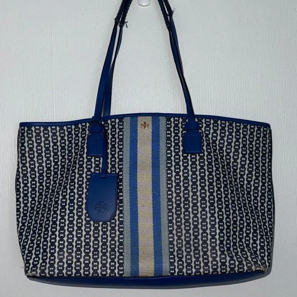 Tory Burch Gemini Link Tote Navy, Royal Blue, and White Geometric Shoulder Bag - Picture 8 of 17